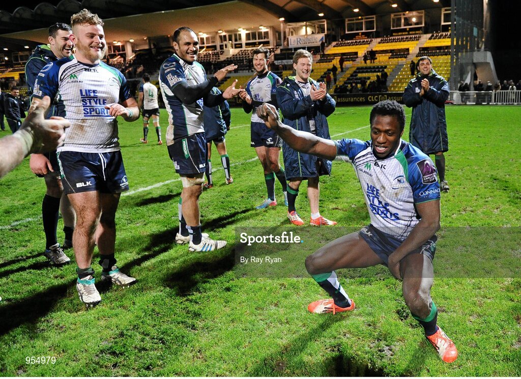 24 January 2015; Niyi Adeolokun, Connacht, celebrates after the game. European Rugby Champions Cup 2014/15, Pool 2, Round 6, La Rochelle v Connacht, Stade Marcel Deflandre, La Rochelle, France. Picture credit: Ray Ryan / SPORTSFILE