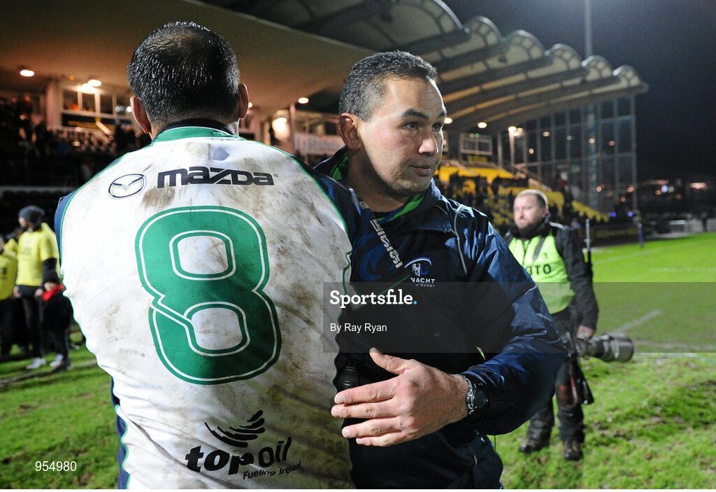 24 January 2015; Connacht coach Pat Lam congratulates George Naoupu after the game. European Rugby Champions Cup 2014/15, Pool 2, Round 6, La Rochelle v Connacht, Stade Marcel Deflandre, La Rochelle, France. Picture credit: Ray Ryan / SPORTSFILE