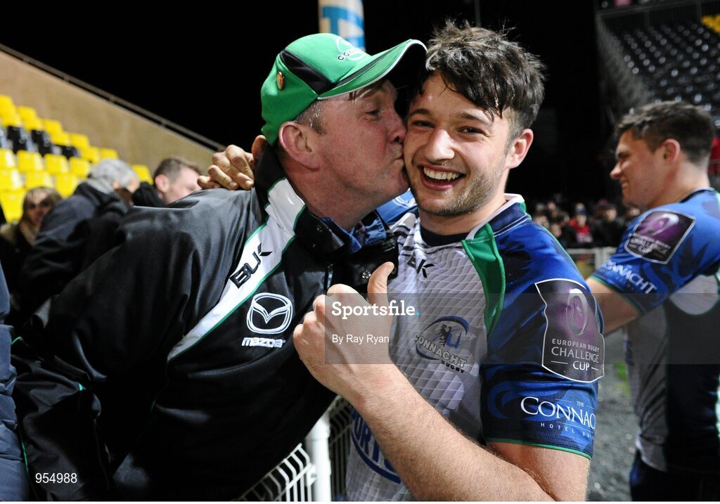 24 January 2015; Conor Finn, Connacht, is congratulated by his father Pat after the game. European Rugby Champions Cup 2014/15, Pool 2, Round 6, La Rochelle v Connacht, Stade Marcel Deflandre, La Rochelle, France. Picture credit: Ray Ryan / SPORTSFILE
