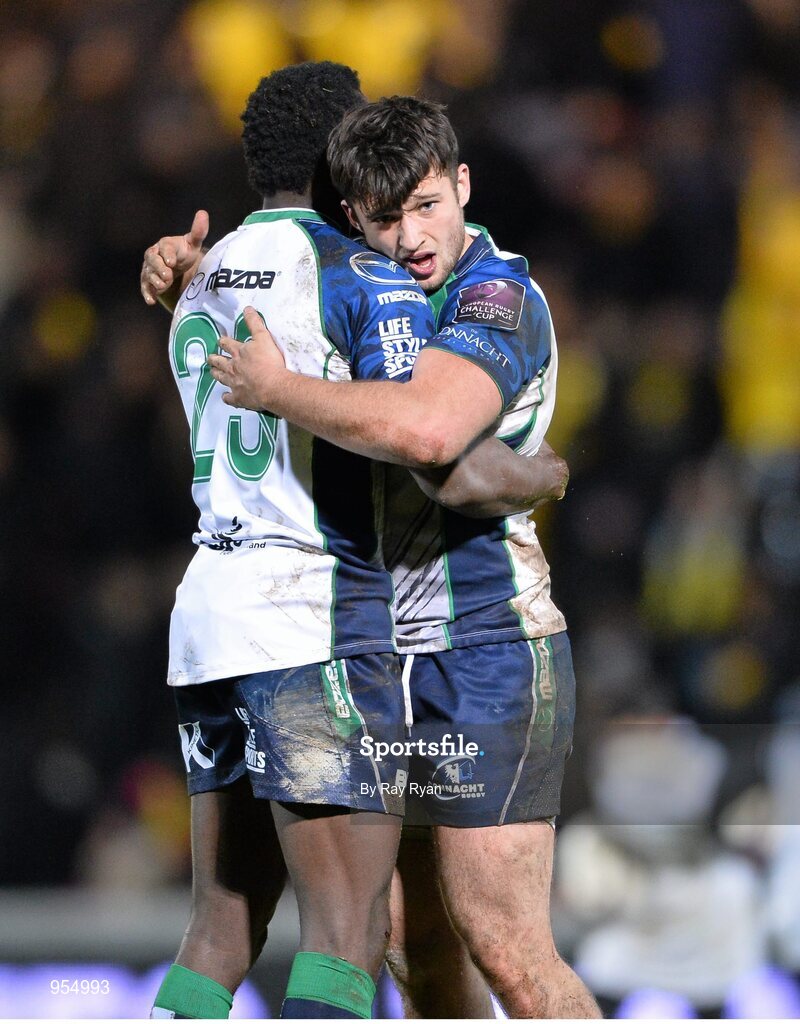 24 January 2015; Niyi Adeolokun and Conor Finn, Connacht, congratulate each other after the match. European Rugby Champions Cup 2014/15, Pool 2, Round 6, La Rochelle v Connacht, Stade Marcel Deflandre, La Rochelle, France. Picture credit: Ray Ryan / SPORTSFILE