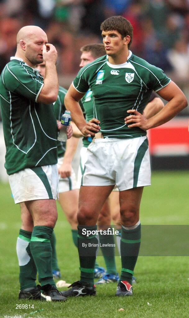 30 September 2007; Ireland's John Hayes, left, and Donnacha O'Callaghan after the match. 2007 Rugby World Cup, Pool D, Ireland v Argentina, Parc des Princes, Paris, France. Picture credit; Brian Lawless / SPORTSFILE