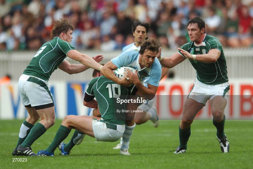 30 September 2007; Juan Martin Hernandez, Argentina, is tackled by Brian O'Driscoll, left, Ronan O'Gara, and David Wallace, right, Ireland. 2007 Rugby World Cup, Pool D, Ireland v Argentina, Parc des Princes, Paris, France. Picture credit; Brian Lawless / SPORTSFILE