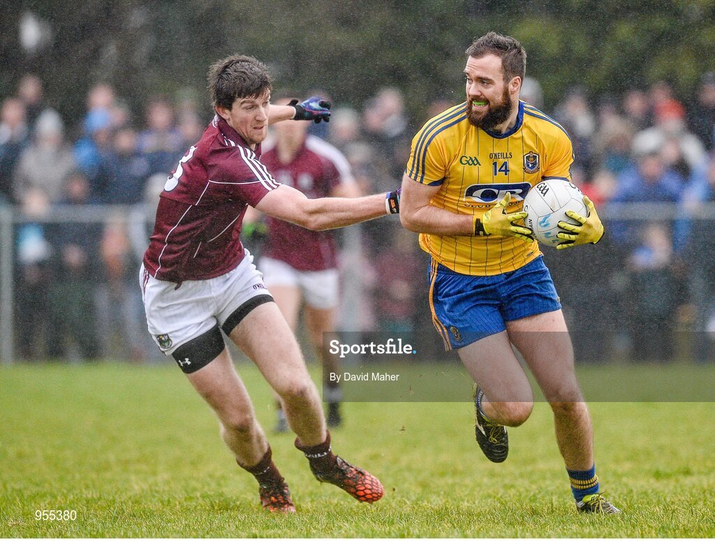 25 January 2015; Senan Kilbride, Roscommon, in action against David Walsh, Galway. FBD Connacht League Final, Roscommon v Galway, Kiltoom, Co. Roscommon. Picture credit: David Maher / SPORTSFILE