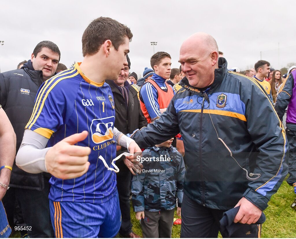 25 January 2015; John Evans, Roscommon, celebrates with Darren O'Malley at the end of the game. FBD Connacht League Final, Roscommon v Galway, Kiltoom, Co. Roscommon. Picture credit: David Maher / SPORTSFILE