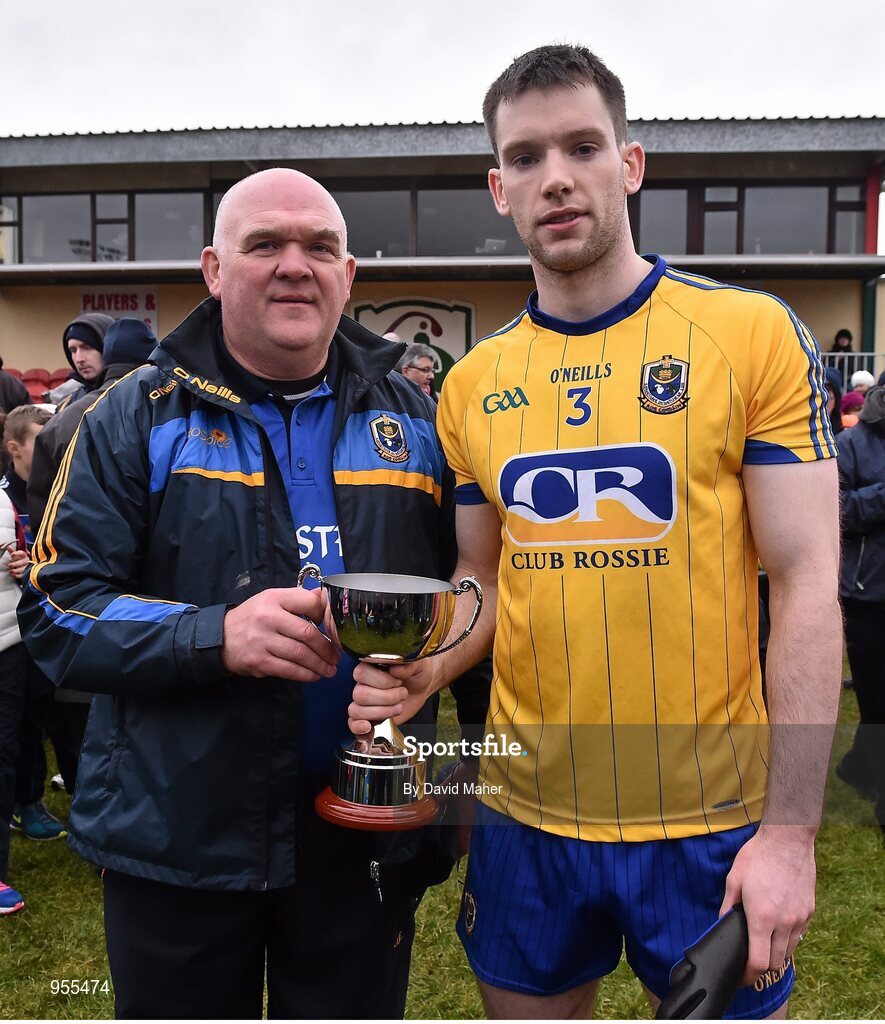 25 January 2015; Roscommon manager John Evans with captain Niall Carty and the cup at the end of the game. FBD Connacht League Final, Roscommon v Galway, Kiltoom, Co. Roscommon. Picture credit: David Maher / SPORTSFILE