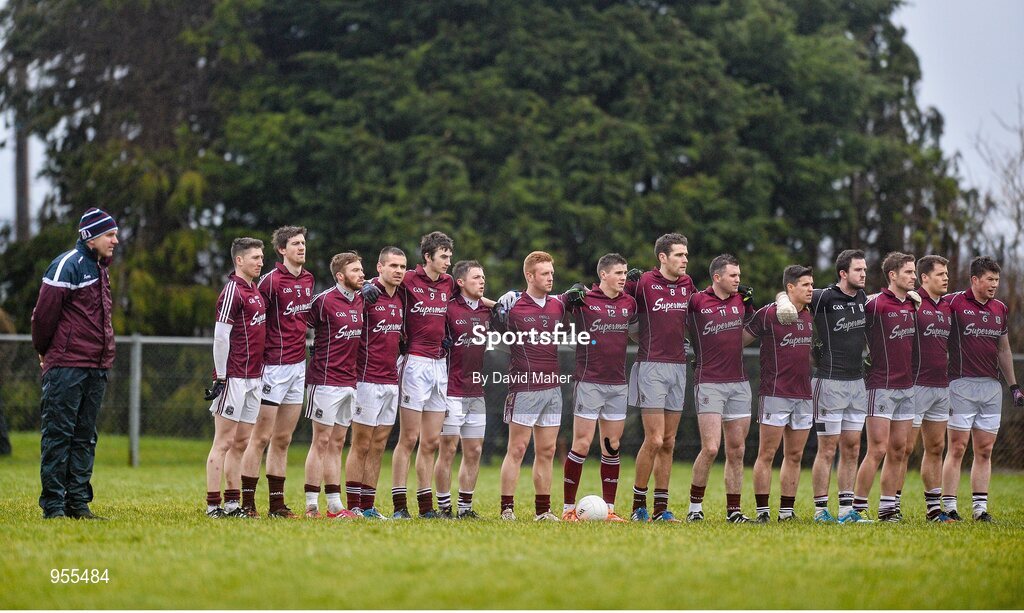 25 January 2015; The Galway team, alongside manager Kevin Walsh, during the playing of the National Anthem. FBD Connacht League Final, Roscommon v Galway, Kiltoom, Co. Roscommon. Picture credit: David Maher / SPORTSFILE