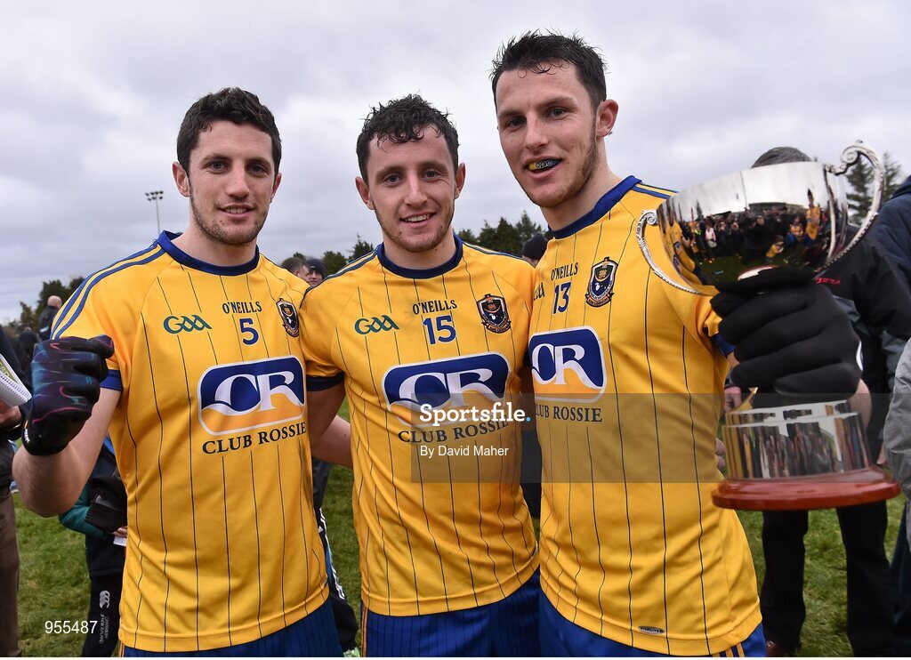 25 January 2015; Roscommon players, and brothers, from left, Brian, Ciaran and Diarmuid Murtagh celebrate at the end of the game. FBD Connacht League Final, Roscommon v Galway, Kiltoom, Co. Roscommon. Picture credit: David Maher / SPORTSFILE