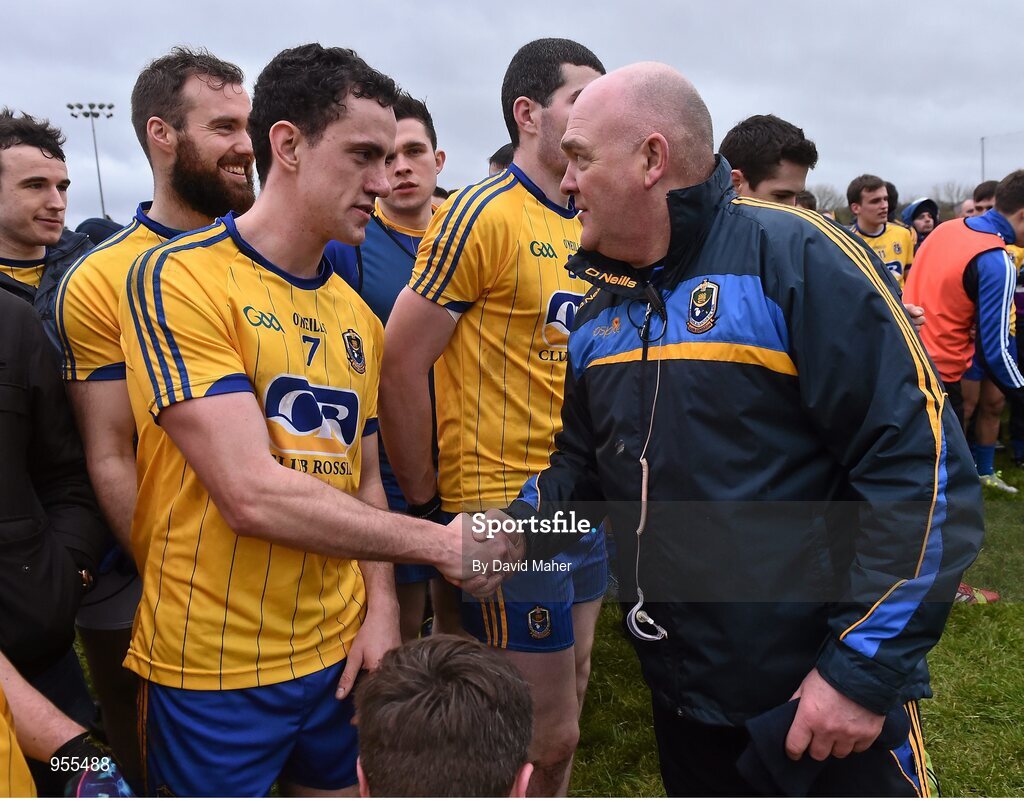 25 January 2015; Roscommon manager John Evans congratulates Ciaran Cafferkey at the end of the game. FBD Connacht League Final, Roscommon v Galway, Kiltoom, Co. Roscommon. Picture credit: David Maher / SPORTSFILE