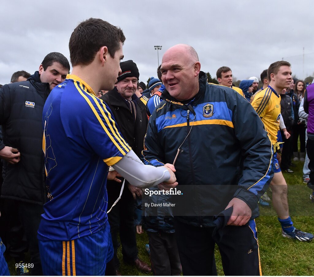 25 January 2015; Roscommon manager John Evans celebrates with Darren O'Malley at the end of the game. FBD Connacht League Final, Roscommon v Galway, Kiltoom, Co. Roscommon. Picture credit: David Maher / SPORTSFILE