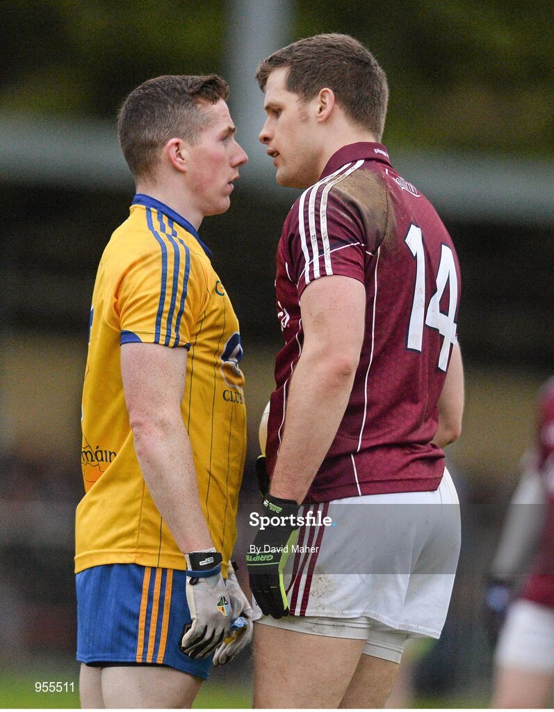 25 January 2015; Sean McDermott, Roscommon, faces Eddie Hoare, Galway, during the game. FBD Connacht League Final, Roscommon v Galway, Kiltoom, Co. Roscommon. Picture credit: David Maher / SPORTSFILE