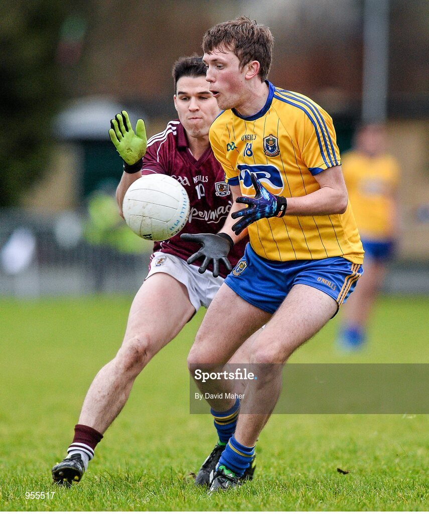 25 January 2015; Ronan Stack, Roscommon, in action against Sean Denvir, Galway. FBD Connacht League Final, Roscommon v Galway, Kiltoom, Co. Roscommon. Picture credit: David Maher / SPORTSFILE