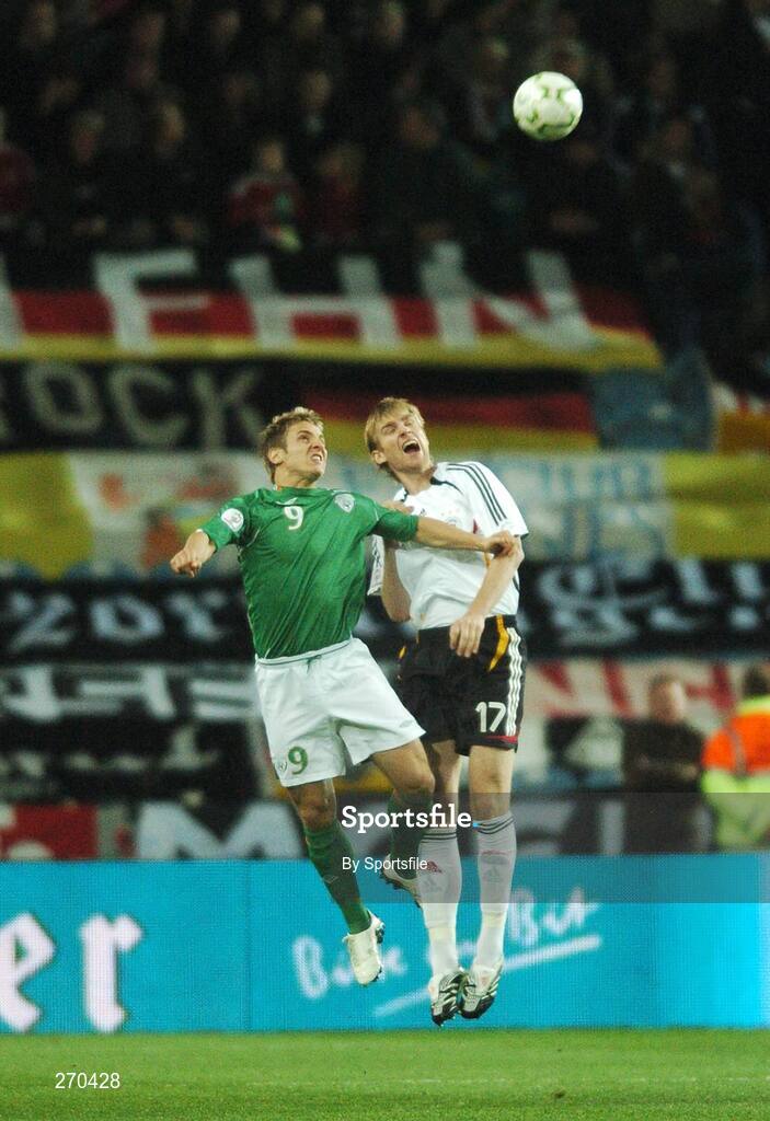 13 October 2007; Kevin Doyle, Republic of Ireland, in action against Per Mertesacker, Germany. 2008 European Championship Qualifier, Republic of Ireland v Germany, Croke Park, Dublin. Picture credit; Paul Mohan / SPORTSFILE