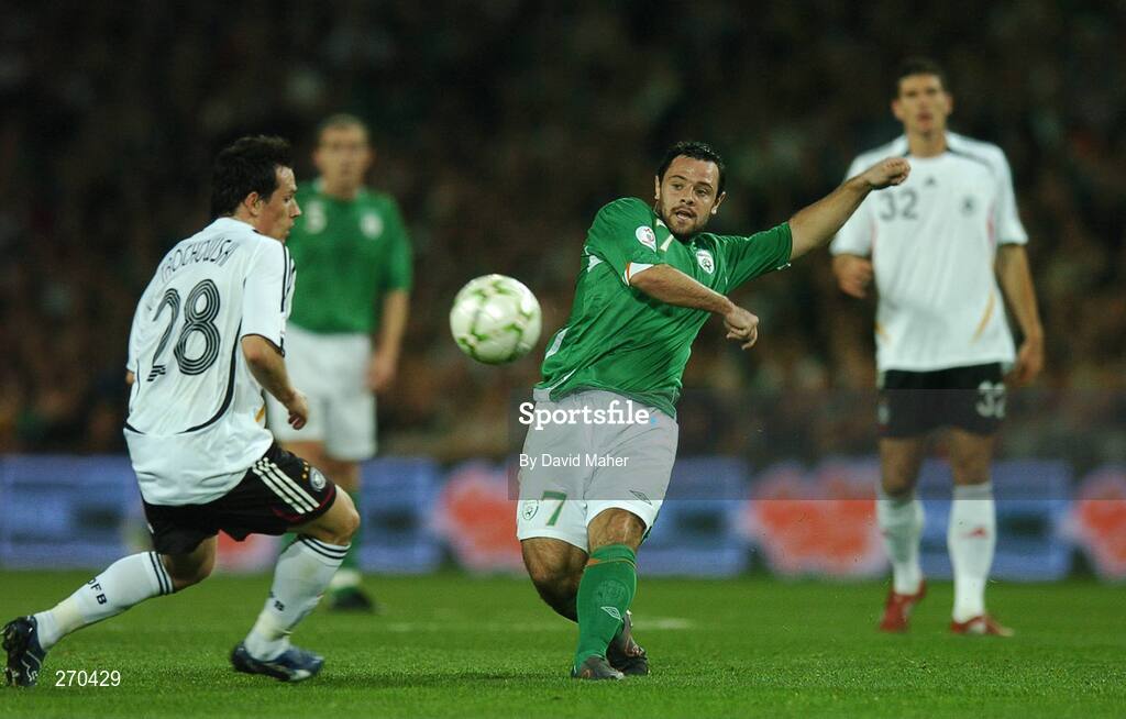 13 October 2007; Andy Reid, Republic of Ireland, in action against Piotr Mrochowski, Germany. 2008 European Championship Qualifier, Republic of Ireland v Germany, Croke Park, Dublin. Picture credit; David Maher / SPORTSFILE