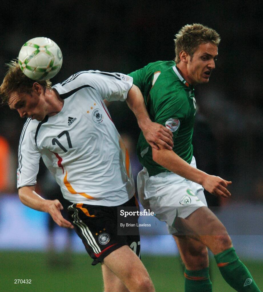 13 October 2007; Kevin Doyle, Republic of Ireland, in action against Per Mertesacker, Germany. 2008 European Championship Qualifier, Republic of Ireland v Germany, Croke Park, Dublin. Picture credit; Brian Lawless / SPORTSFILE