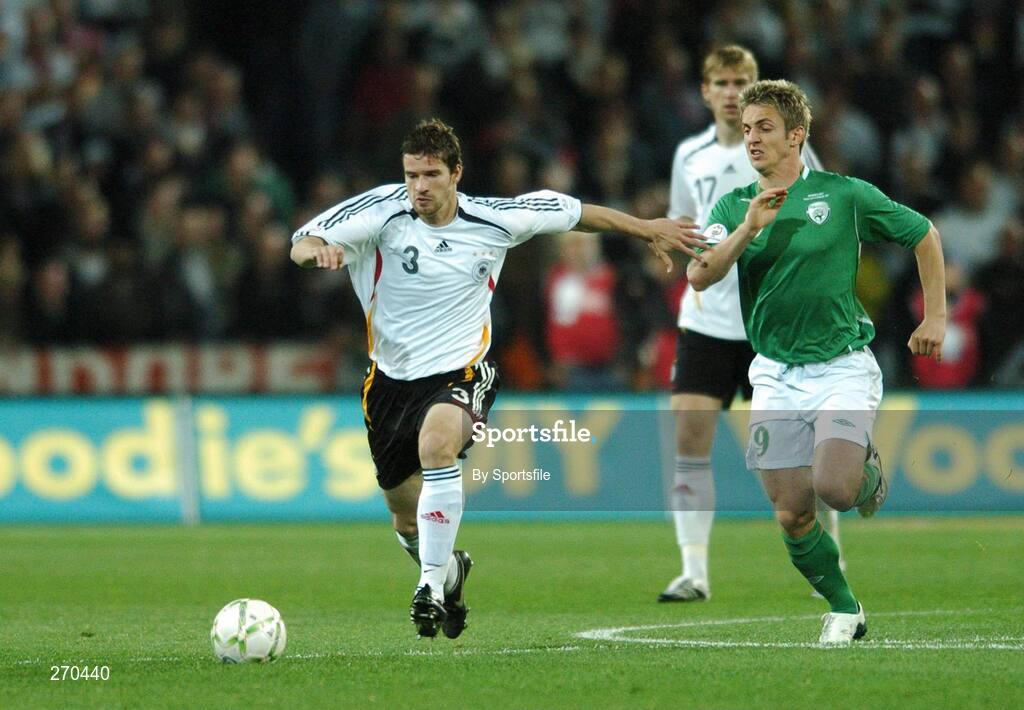13 October 2007; Arne Friedrich, Germany, in action against Kevin Doyle, Republic of Ireland. 2008 European Championship Qualifier, Republic of Ireland v Germany, Croke Park, Dublin. Picture credit; Paul Mohan / SPORTSFILE