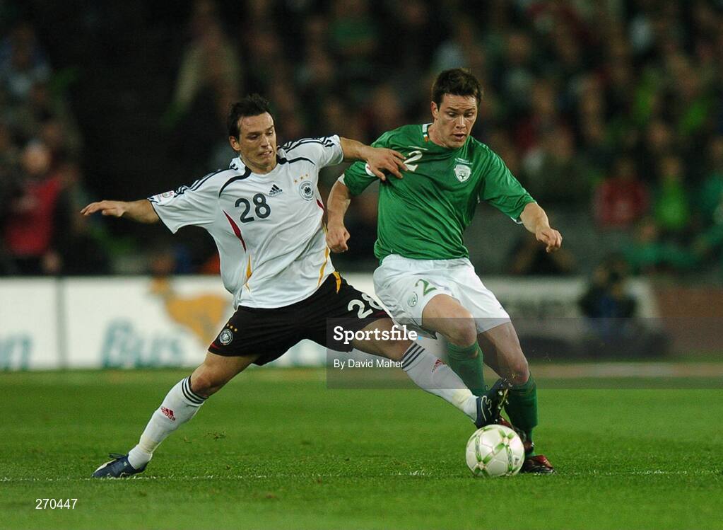 13 October 2007; Steve Finnan, Republic of Ireland, in action against Piotr Mrochowski, Germany. 2008 European Championship Qualifier, Republic of Ireland v Germany, Croke Park, Dublin. Picture credit; David Maher / SPORTSFILE