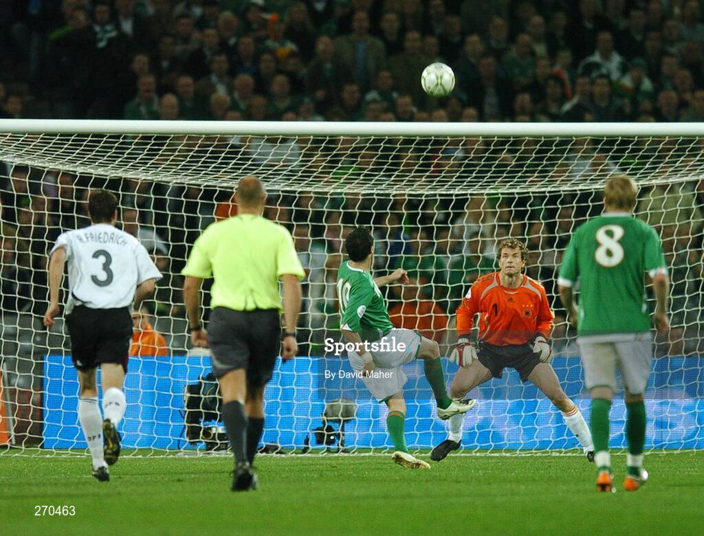 13 October 2007; Robbie Keane, Republic of Ireland, shoots on goal as Jens Lehmann, Germany, prepares to save. 2008 European Championship Qualifier, Republic of Ireland v Germany, Croke Park, Dublin. Picture credit; David Maher / SPORTSFILE