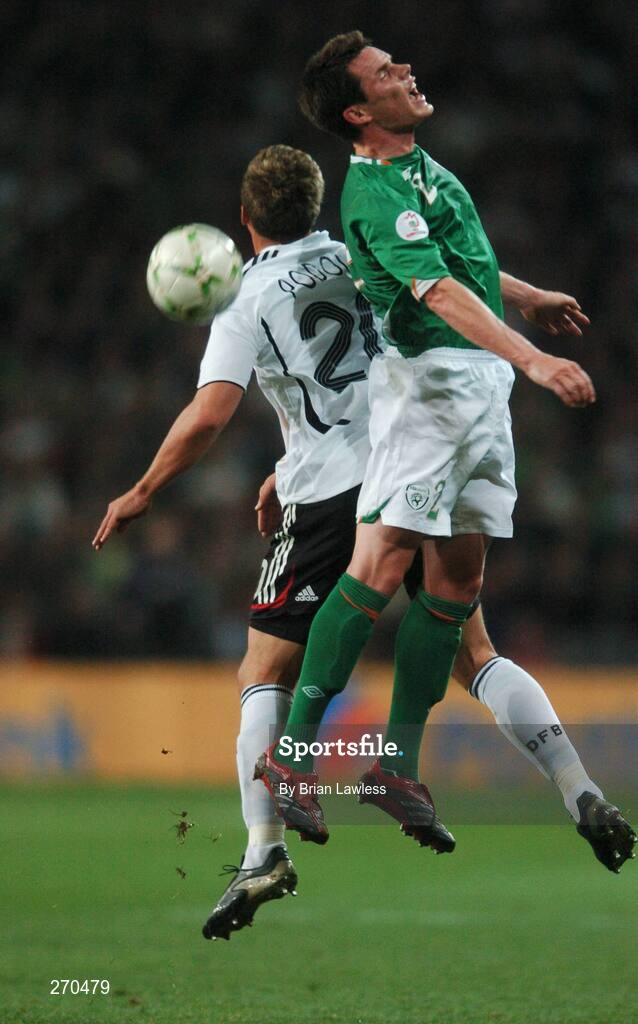 13 October 2007; Steve Finnan, Republic of Ireland, in action against Lukas Podolski, Germany. 2008 European Championship Qualifier, Republic of Ireland v Germany, Croke Park, Dublin. Picture credit; Brian Lawless / SPORTSFILE