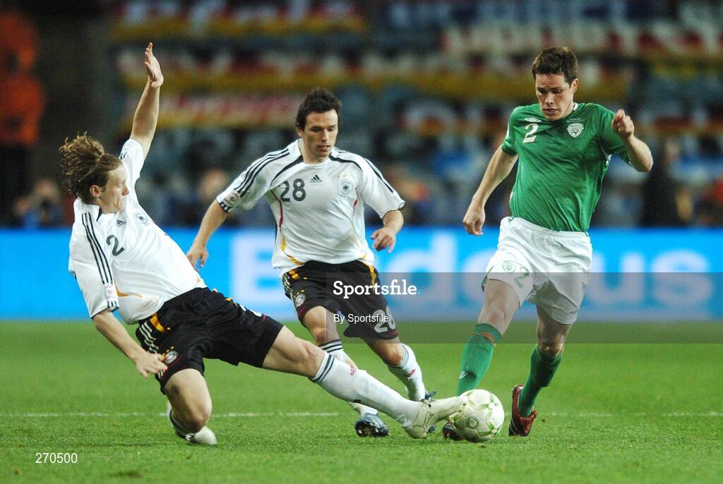 13 October 2007; David Odonnor, left, and Piotr Trochowski, Germany, in action against Stephen Finnan, Republic of Ireland. 2008 European Championship Qualifier, Republic of Ireland v Germany, Croke Park, Dublin. Picture credit; Paul Mohan / SPORTSFILE