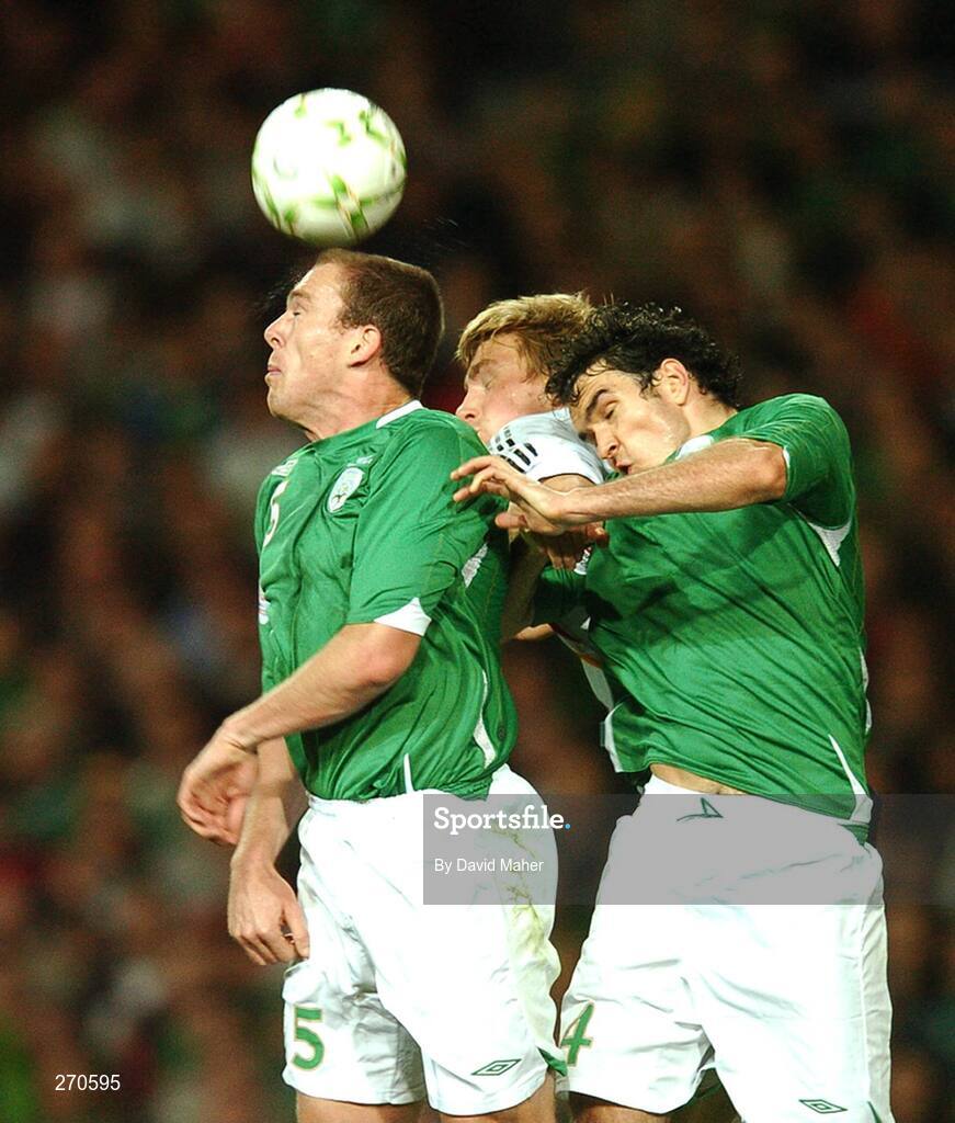 13 October 2007; Richard Dunne and Joey O'Brien, Republic of Ireland, in action against Per Mertesacker, Germany. 2008 European Championship Qualifier, Republic of Ireland v Germany, Croke Park, Dublin. Picture credit; David Maher / SPORTSFILE