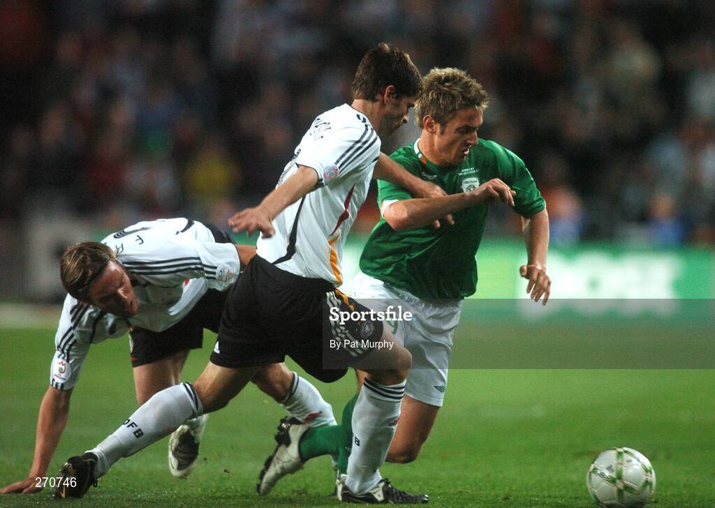 13 October 2007; Kevin Doyle, Republic of Ireland, in action against Arne Friedrich and Clemens Fritz, left, Germany. 2008 European Championship Qualifier, Republic of Ireland v Germany, Croke Park, Dublin. Picture credit; Pat Murphy / SPORTSFILE
