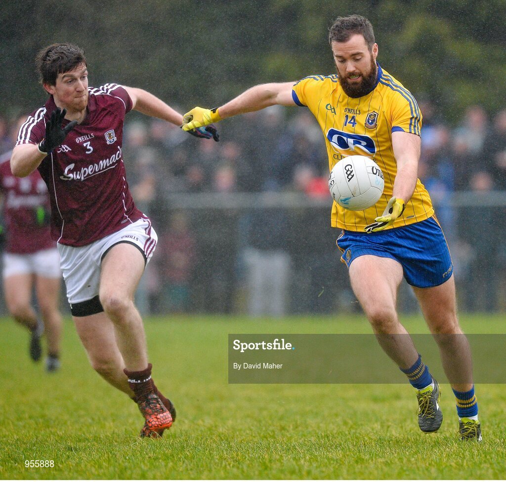 25 January 2015; Senan Kilbride, Roscommon, in action against David Walsh, Galway. FBD Connacht League Final, Roscommon v Galway, Kiltoom, Co. Roscommon. Picture credit: David Maher / SPORTSFILE
