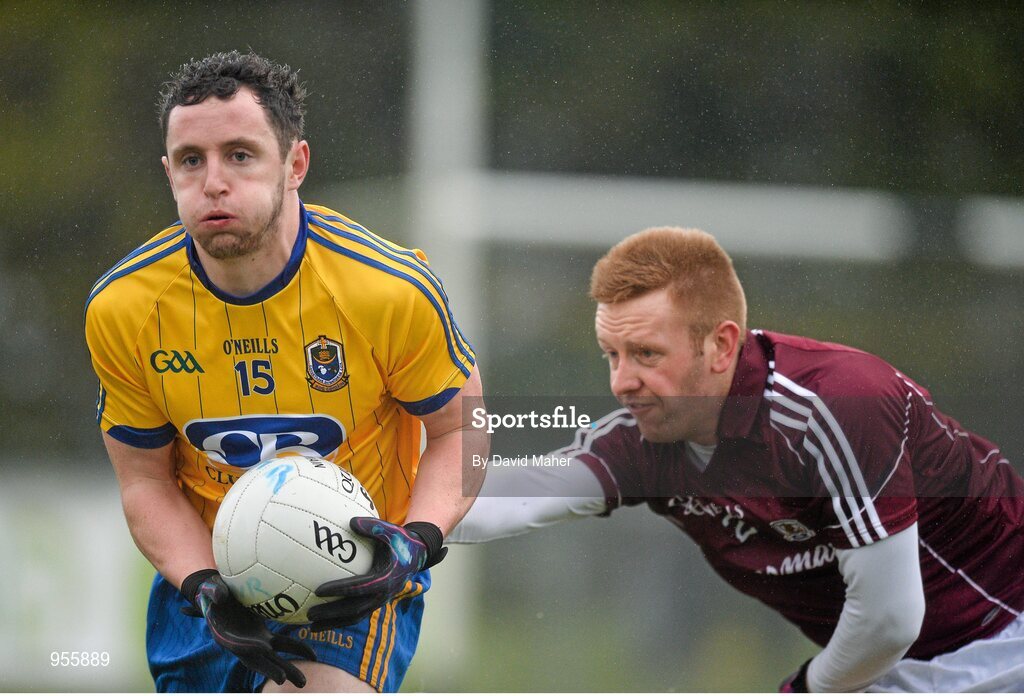 25 January 2015; Ciaran Murtagh, Roscommon, in action against Tom Fahy, Galway. FBD Connacht League Final, Roscommon v Galway, Kiltoom, Co. Roscommon. Picture credit: David Maher / SPORTSFILE