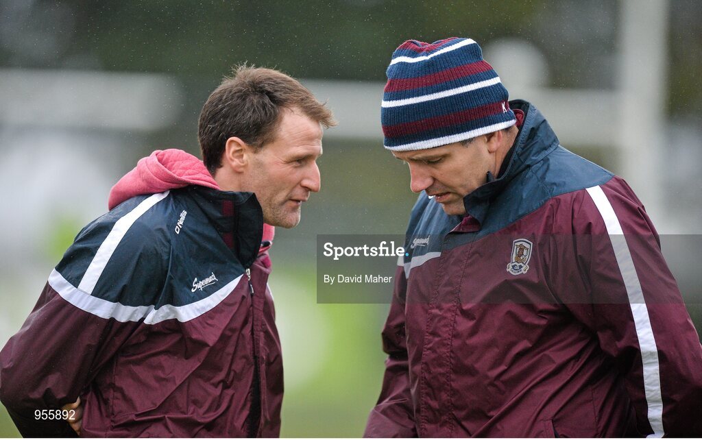 25 January 2015; Galway manager Kevin Walsh, right, with Gerry Hussey, Galway Performance Consultant. FBD Connacht League Final, Roscommon v Galway, Kiltoom, Co. Roscommon. Picture credit: David Maher / SPORTSFILE