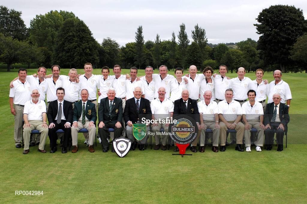 15 September 2007; Muskerry Golf Club, Co. Cork, winners of the Bulmers Jimmy Bruen Shield, back row, left to right, Sean Cronin, Fred Twomey, Diarmuid Linehan, Jackie Solan, David Lane, Daniel Hallissey, Tom Purcell, Jim Hornibrook, Neil O’Brien, Denis Lynch, Gordian Barry, Denis Keane, Eoin O’Callaghan, Ben Harte, Mike McGrath, Adrian O’Sullivan and Donal Healy, front row, left to right, Pat Sheppard, Paul McGurk, Bulmers, Dennis McConnell, Captain, Shandon Park G.C.; Tommie Basquille, President, Golfing Union of Ireland; Jim O’Driscoll, Captain, Muskerry G.C.; Maurice Leahy, Team Captain; Tom Philpott, President, Muskerry G.C.; Jerry O’Callaghan, Mike O’Leary, Paul Herlihy and Sean McMahon, Chairman, Golfing Union of Ireland Munster Branch. Bulmers Cups and Shields Finals 2007, Shandon Park Golf Club, Belfast, Co. Antrim. Picture credit: Ray McManus / SPORTSFILE
