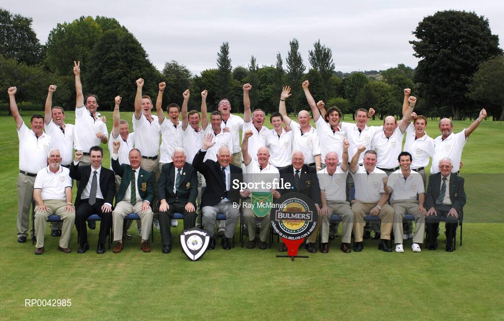 15 September 2007; Muskerry Golf Club, Co. Cork, winners of the Bulmers Jimmy Bruen Shield, back row, left to right, Sean Cronin, Fred Twomey, Diarmuid Linehan, Jackie Solan, David Lane, Daniel Hallissey, Tom Purcell, Jim Hornibrook, Neil O’Brien, Denis Lynch, Gordian Barry, Denis Keane, Eoin O’Callaghan, Ben Harte, Mike McGrath, Adrian O’Sullivan and Donal Healy, front row, left to right, Pat Sheppard, Paul McGurk, Bulmers, Dennis McConnell, Captain, Shandon Park G.C.; Tommie Basquille, President, Golfing Union of Ireland; Jim O’Driscoll, Captain, Muskerry G.C.; Maurice Leahy, Team Captain; Tom Philpott, President, Muskerry G.C.; Jerry O’Callaghan, Mike O’Leary, Paul Herlihy and Sean McMahon, Chairman, Golfing Union of Ireland Munster Branch. Bulmers Cups and Shields Finals 2007, Shandon Park Golf Club, Belfast, Co. Antrim. Picture credit: Ray McManus / SPORTSFILE