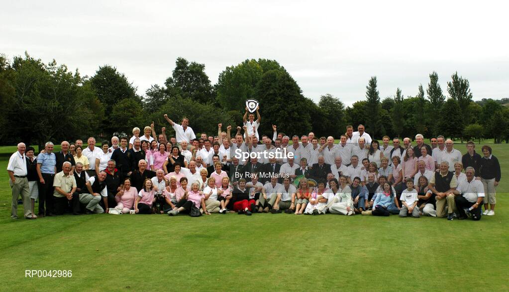 15 September 2007; Players and supporters of Muskerry Golf Club, Co. Cork, winners of the Bulmers Jimmy Bruen Shield, including, back row, left to right, Sean Cronin, Fred Twomey, Diarmuid Linehan, Jackie Solan, David Lane, Daniel Hallissey, Tom Purcell, Jim Hornibrook, Neil O’Brien, Denis Lynch, Gordian Barry, Denis Keane, Eoin O’Callaghan, Ben Harte, Mike McGrath, Adrian O’Sullivan and Donal Healy, front row, left to right, Pat Sheppard, Paul McGurk, Bulmers, Dennis McConnell, Captain, Shandon Park G.C.; Tommie Basquille, President, Golfing Union of Ireland; Jim O’Driscoll, Captain, Muskerry G.C.; Maurice Leahy, Team Captain; Tom Philpott, President, Muskerry G.C.; Jerry O’Callaghan, Mike O’Leary, Paul Herlihy and Sean McMahon, Chairman, Golfing Union of Ireland Munster Branch. Bulmers Cups and Shields Finals 2007, Shandon Park Golf Club, Belfast, Co. Antrim. Picture credit: Ray McManus / SPORTSFILE