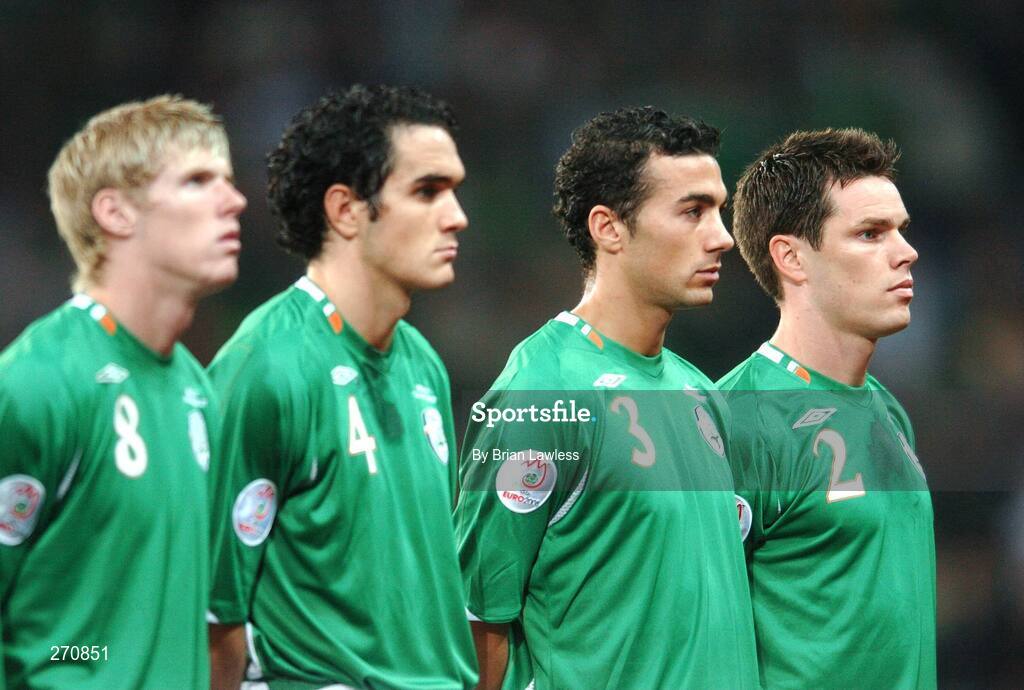 13 October 2007; Republic of Ireland players, from right, Steve Finnan, Stephen Kelly, Joey O'Brien, and Andy Keogh line up before the match. 2008 European Championship Qualifier, Republic of Ireland v Germany, Croke Park, Dublin. Picture credit; Brian Lawless / SPORTSFILE