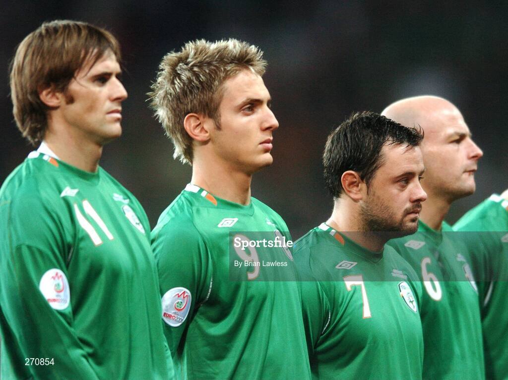 13 October 2007; Republic of Ireland players, from left, Kevin Kilbane, Kevin Doyle, Andy Reid, and Lee Carsley, line up before the match. 2008 European Championship Qualifier, Republic of Ireland v Germany, Croke Park, Dublin. Picture credit; Brian Lawless / SPORTSFILE
