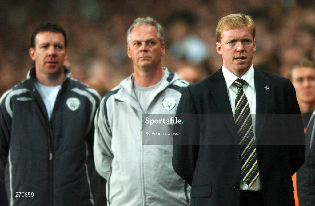 13 October 2007; Republic of Ireland manager Steve Staunton with assistant manager Kevin McDonald and goalkeeping coach Alan Kelly, left, during the National Anthems. 2008 European Championship Qualifier, Republic of Ireland v Germany, Croke Park, Dublin. Picture credit; Brian Lawless / SPORTSFILE