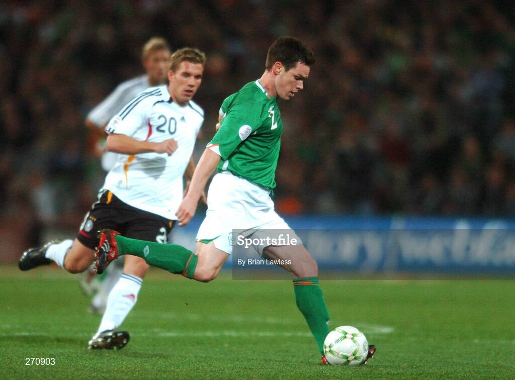 13 October 2007; Steve Finnan, Republic of Ireland, in action against Lukas Podolski, Germany. 2008 European Championship Qualifier, Republic of Ireland v Germany, Croke Park, Dublin. Picture credit; Brian Lawless / SPORTSFILE