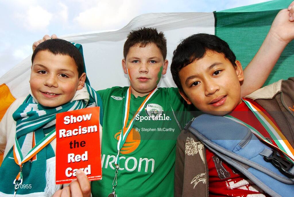 17 October 2007; Gerry Capocci, age 12, from Domnick Street, left, Johnny Doherty, age 11, from Drumcondra, and Thomas Reyes, age 11, from Finglas, right, pictured ahead of the game. The children will be taking part in an exhibition game at half time in which children of 7 different nationalities will promote the FAI's Football Against Racism in Europe, FARE, week. 2008 European Championship Qualifier, Republic of Ireland v Cyprus, Croke Park, Dublin. Picture credit; Stephen McCarthy / SPORTSFILE