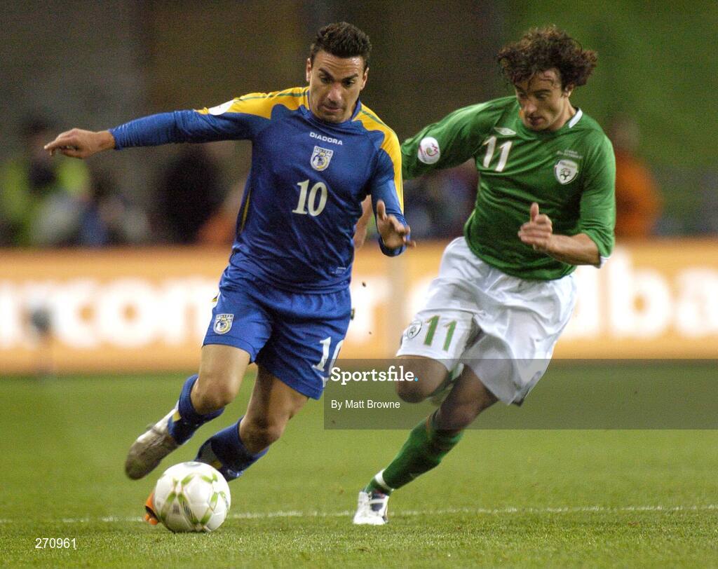 17 October 2007; Constantions Charalambides, Cyprus, in action against Stephen Hunt, Republic of Ireland. 2008 European Championship Qualifier, Republic of Ireland v Cyprus, Croke Park, Dublin. Picture credit; Matt Browne / SPORTSFILE