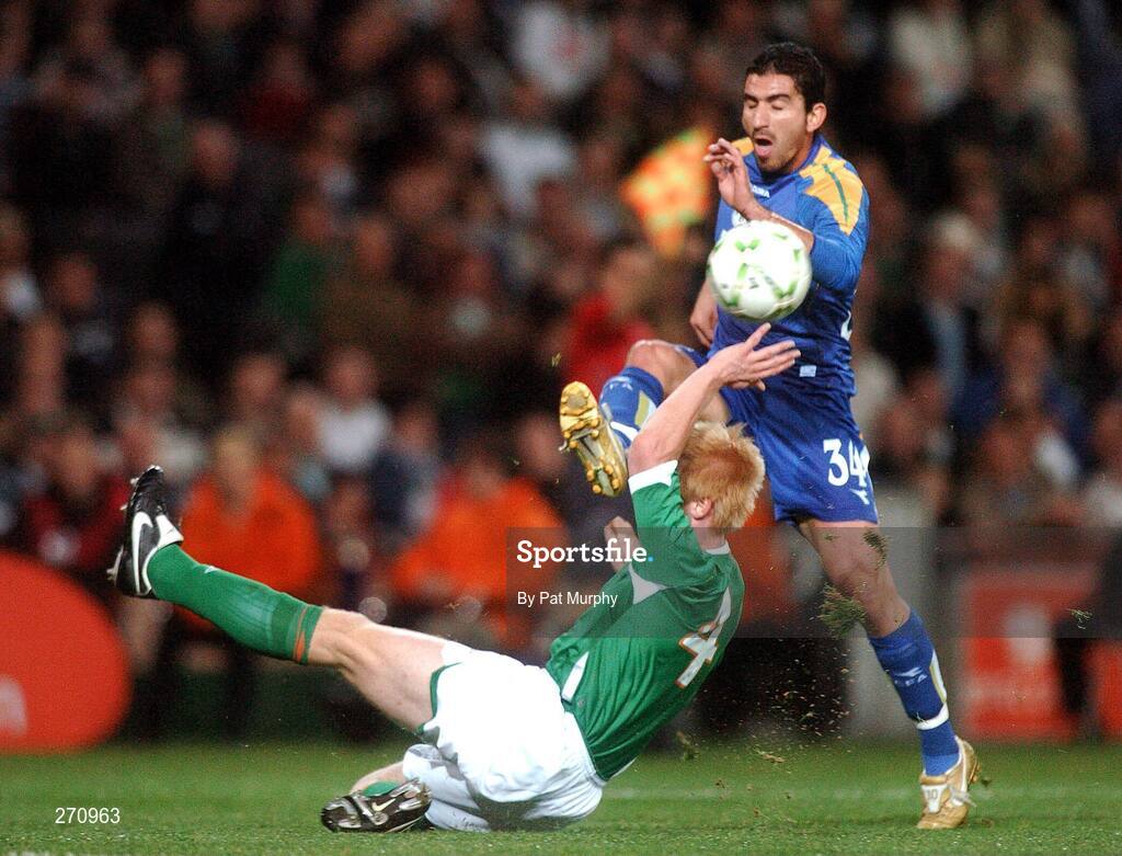 17 October 2007; Marios Nikolaou, Cyprus, in action against Paul McShane, Republic of Ireland. 2008 European Championship Qualifier, Republic of Ireland v Cyprus, Croke Park, Dublin. Picture credit; Pat Murphy / SPORTSFILE
