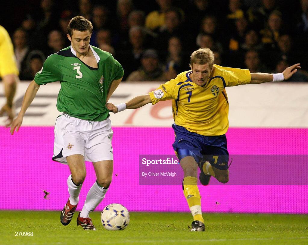 17 October 2007; George McCartney, Northern Ireland, in action against Christian Wilhelmsson, Sweden. 2008 European Championship Qualifier, Sweden v Northern Ireland, Rasunda Stadium, Solna, Stockholm, Sweden. Picture credit; Oliver McVeigh / SPORTSFILE