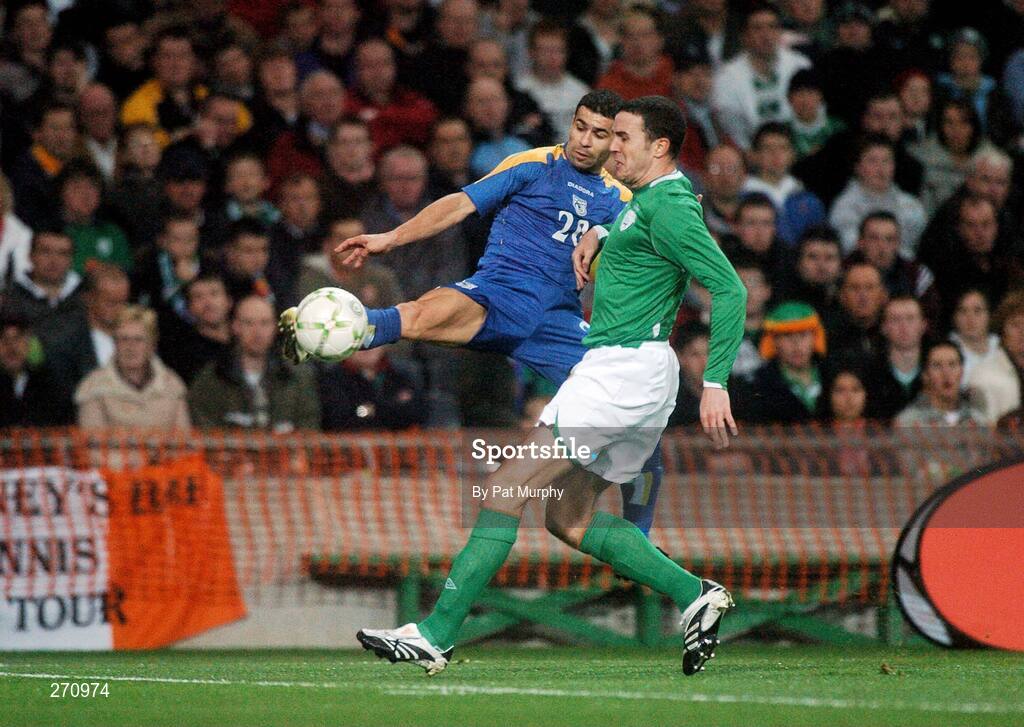 17 October 2007; Konstantinos Makridis, Cyprus, in action against John O'Shea, Republic of Ireland. 2008 European Championship Qualifier, Republic of Ireland v Cyprus, Croke Park, Dublin. Picture credit; Pat Murphy / SPORTSFILE