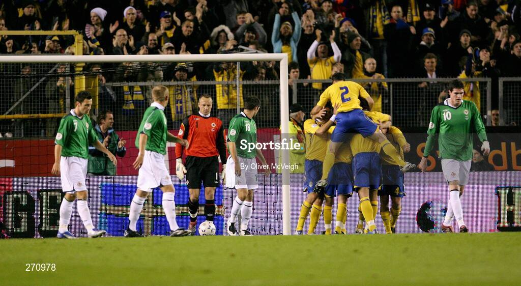 17 October 2007; Sweden's Olof Melberg celebrates his goal with team-mates. 2008 European Championship Qualifier, Sweden v Northern Ireland, Rasunda Stadium, Solna, Stockholm, Sweden. Picture credit; Oliver McVeigh / SPORTSFILE