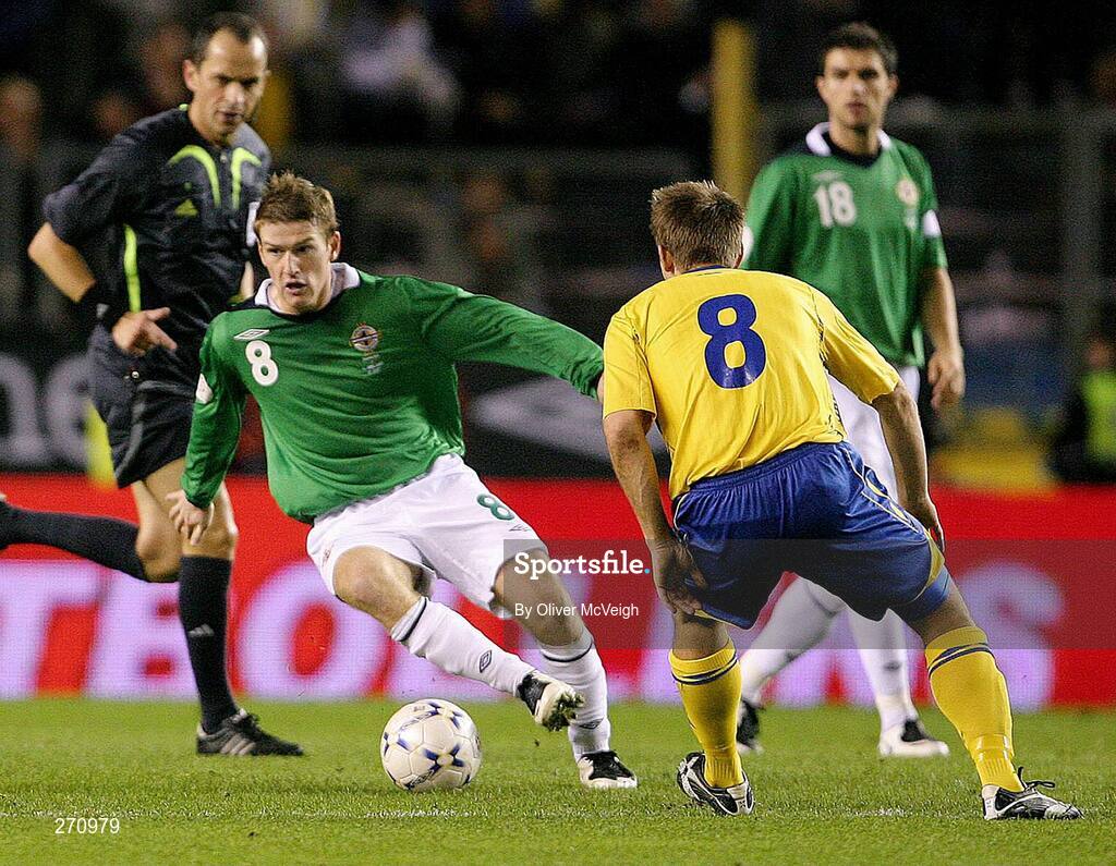 17 October 2007; Steve Davis, Northern Ireland, in action against Anders Svensson, Sweden. 2008 European Championship Qualifier, Sweden v Northern Ireland, Rasunda Stadium, Solna, Stockholm, Sweden. Picture credit; Oliver McVeigh / SPORTSFILE