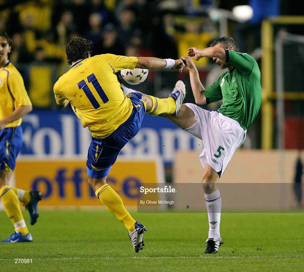 17 October 2007; Stephen Craigan, Northern Ireland, in action against Johan Elmander, Sweden. 2008 European Championship Qualifier, Sweden v Northern Ireland, Rasunda Stadium, Solna, Stockholm, Sweden. Picture credit; Oliver McVeigh / SPORTSFILE
