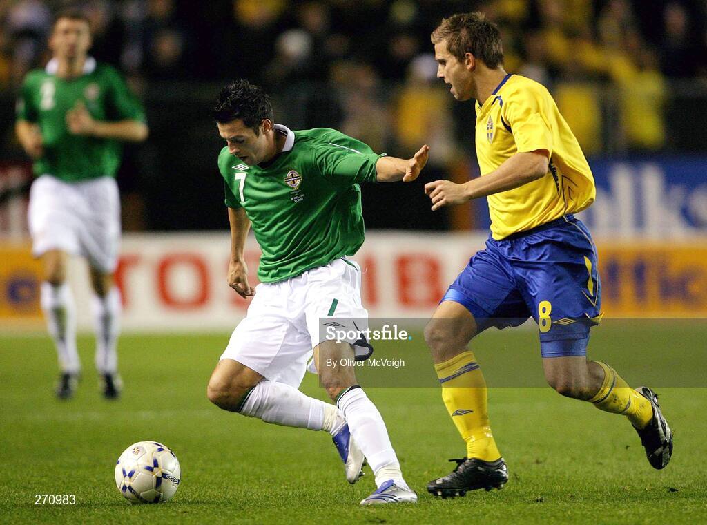 17 October 2007; Ivan Sproule, Northern Ireland, in action against Anders Svensson, Sweden. 2008 European Championship Qualifier, Sweden v Northern Ireland, Rasunda Stadium, Solna, Stockholm, Sweden. Picture credit; Oliver McVeigh / SPORTSFILE
