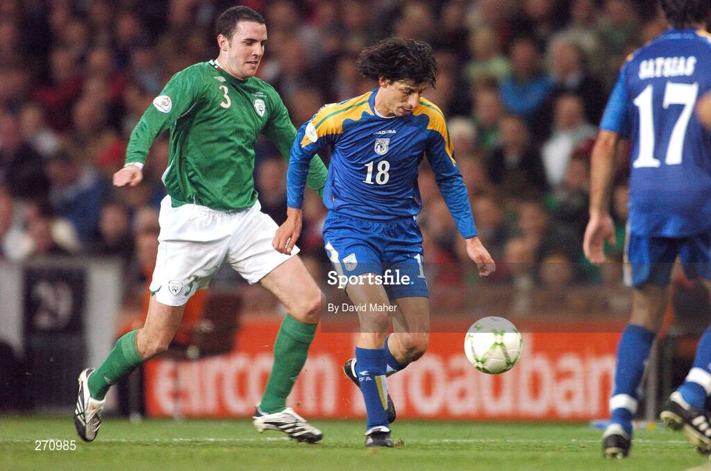 17 October 2007; Yiasoumis Yiasoumi, Cyprus, in action against John O'Shea, Republic of Ireland. 2008 European Championship Qualifier, Republic of Ireland v Cyprus, Croke Park, Dublin. Picture credit; David Maher / SPORTSFILE