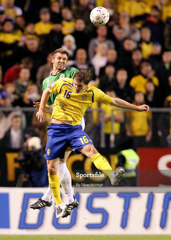 17 October 2007; Gareth McAuley, Northern Ireland, in action against Kim Kallstrom, Sweden. 2008 European Championship Qualifier, Sweden v Northern Ireland, Rasunda Stadium, Solna, Stockholm, Sweden. Picture credit; Oliver McVeigh / SPORTSFILE