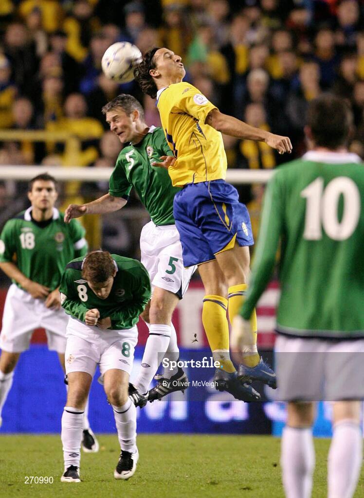 17 October 2007; Stephen Craigan, Northern Ireland, in action against Zlatan Ibrahimovic, Sweden. 2008 European Championship Qualifier, Sweden v Northern Ireland, Rasunda Stadium, Solna, Stockholm, Sweden. Picture credit; Oliver McVeigh / SPORTSFILE