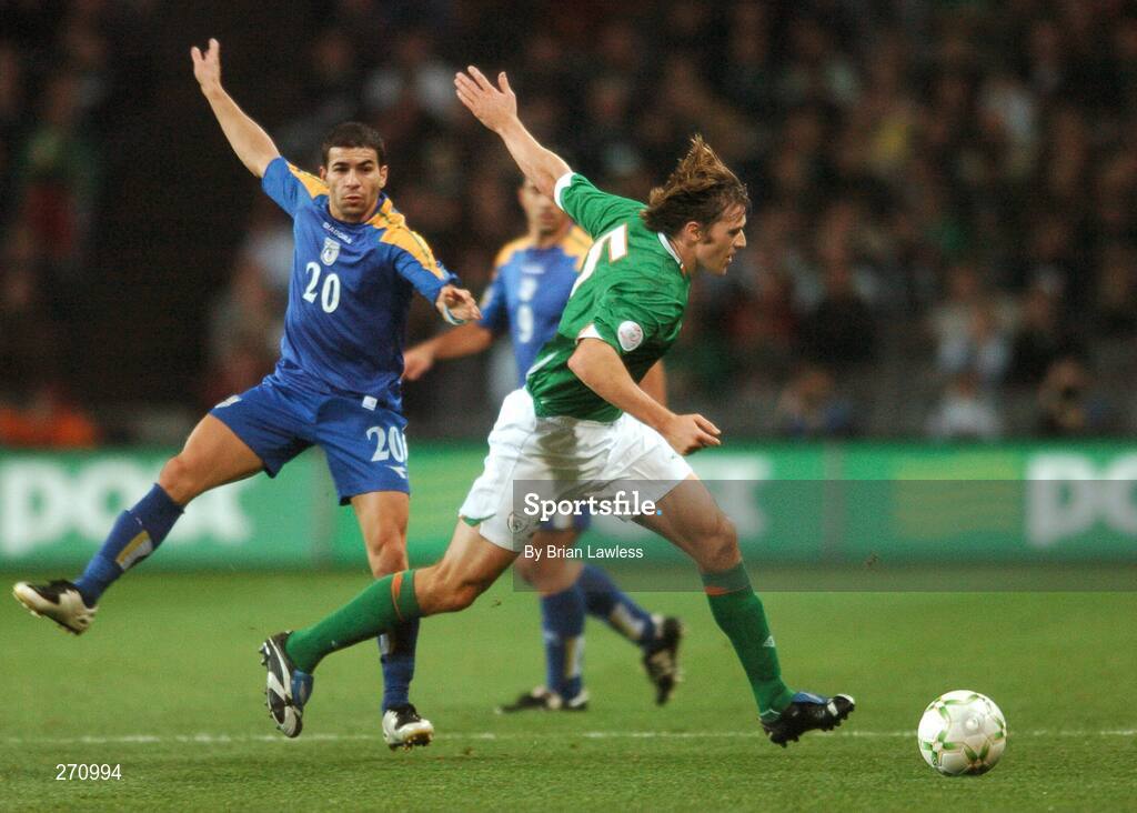 17 October 2007; Kevin Kilbane, Republic of Ireland, in action against Konstantinos Makridis, Cyprus. 2008 European Championship Qualifier, Republic of Ireland v Cyprus, Croke Park, Dublin. Picture credit; Brian Lawless / SPORTSFILE