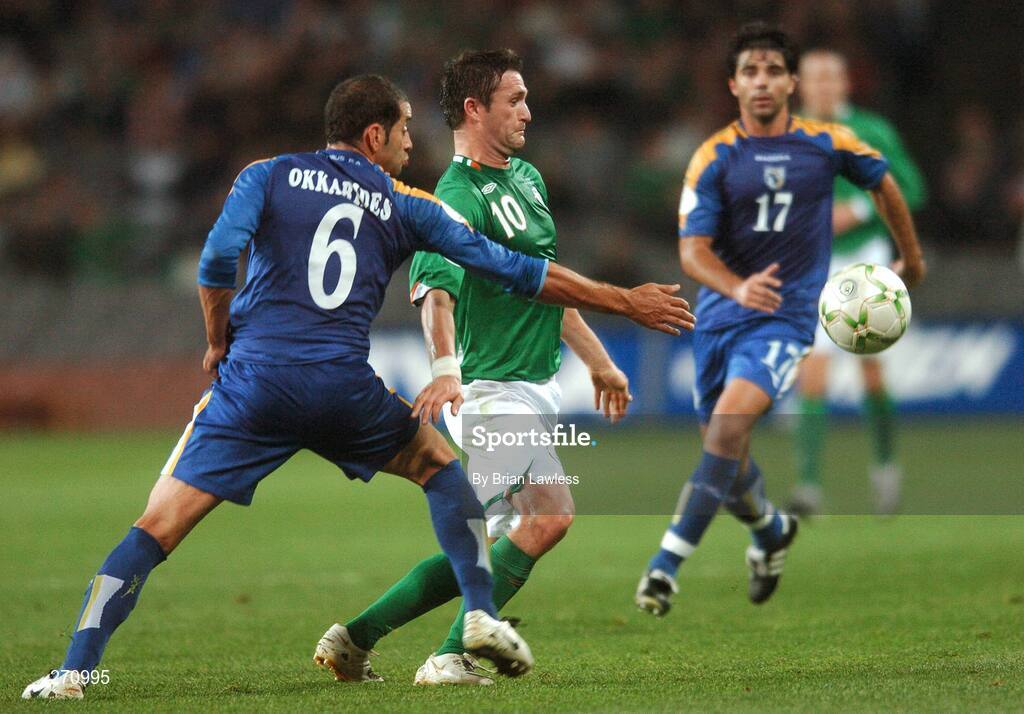 17 October 2007; Robbie Keane, Republic of Ireland, in action against Stelios Okkarides, Cyprus. 2008 European Championship Qualifier, Republic of Ireland v Cyprus, Croke Park, Dublin. Picture credit; Brian Lawless / SPORTSFILE