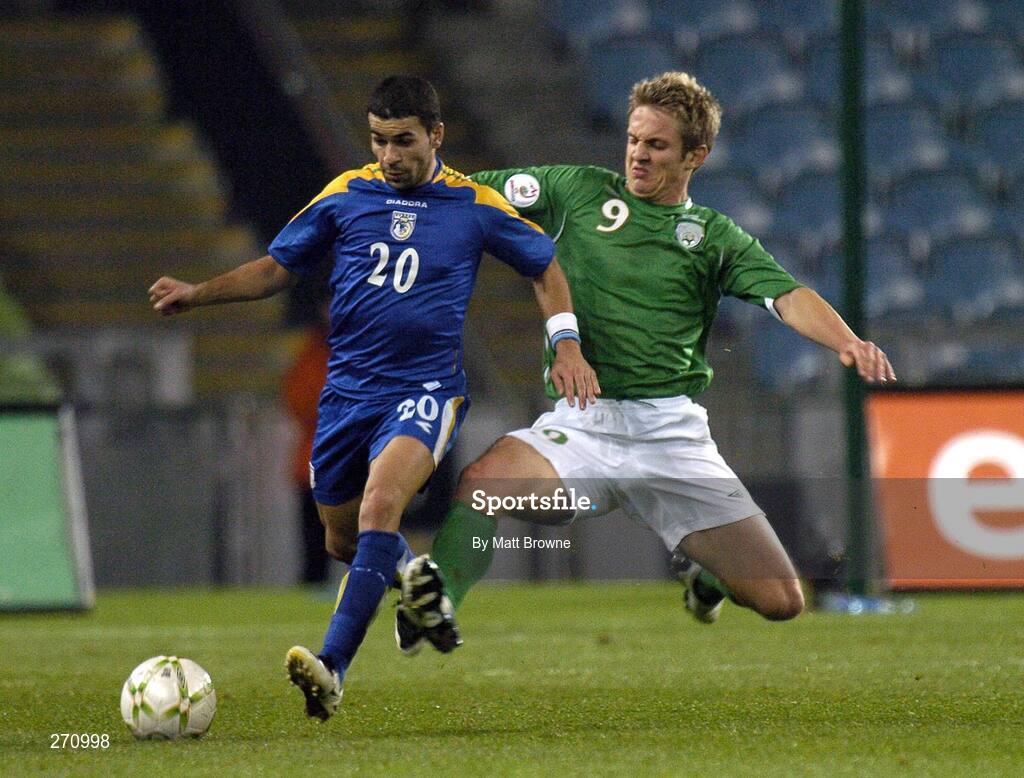 17 October 2007; Konstantantions Makridis, Cyprus, in action against Kevin Doyle, Republic of Ireland. 2008 European Championship Qualifier, Republic of Ireland v Cyprus, Croke Park, Dublin. Picture credit; Matt Browne / SPORTSFILE
